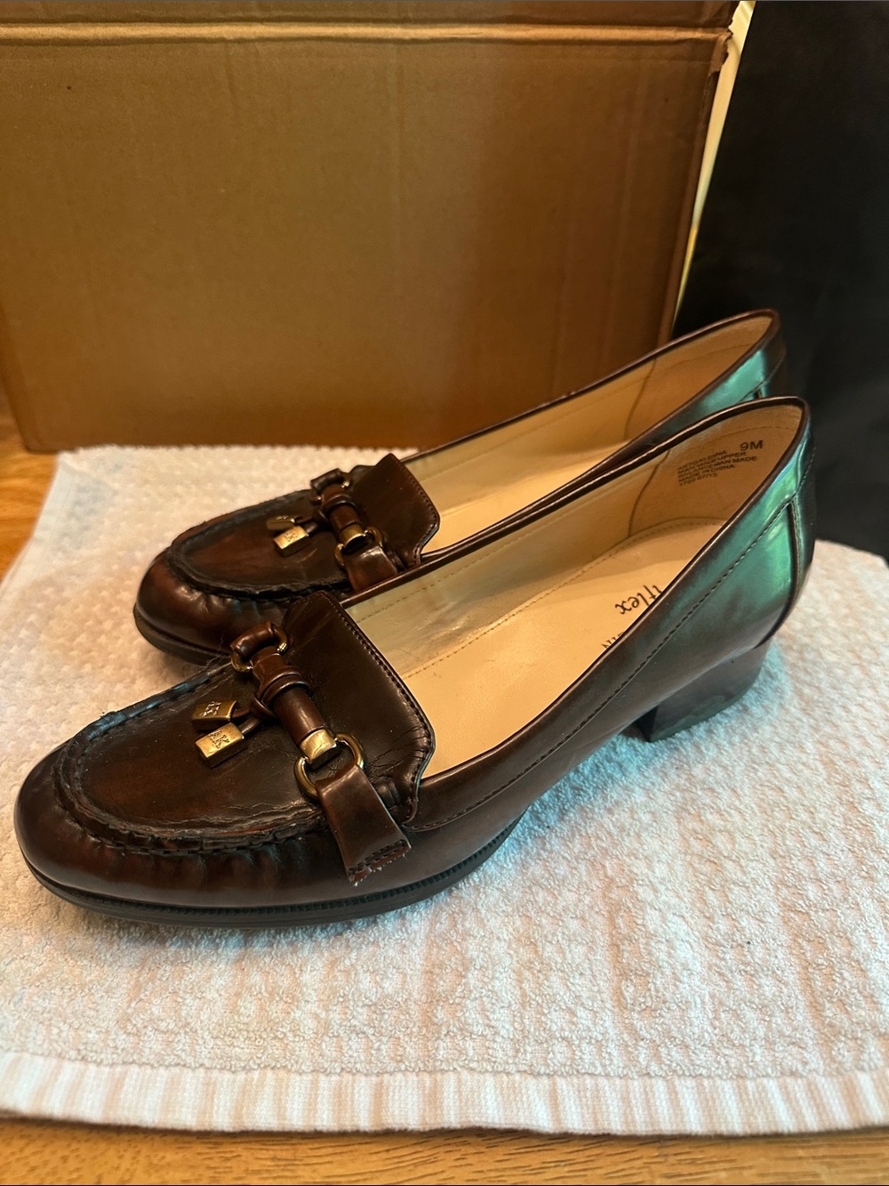 Anne Klein Dark Brown Leather Loafers with Gold Hardware